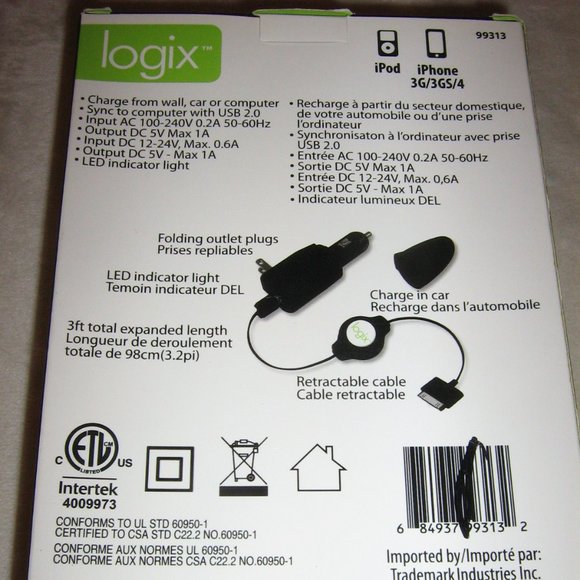 Logix IPad Dual Retractable USB Car/Wall Charger Combo $5.00 As An Add On Item - Picture 2 of 2